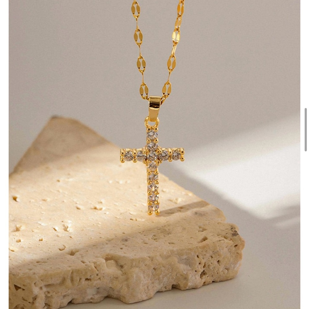 Gold Cross Pendant Necklace with Cubic Zirconia - Women - Picture 7 of 7